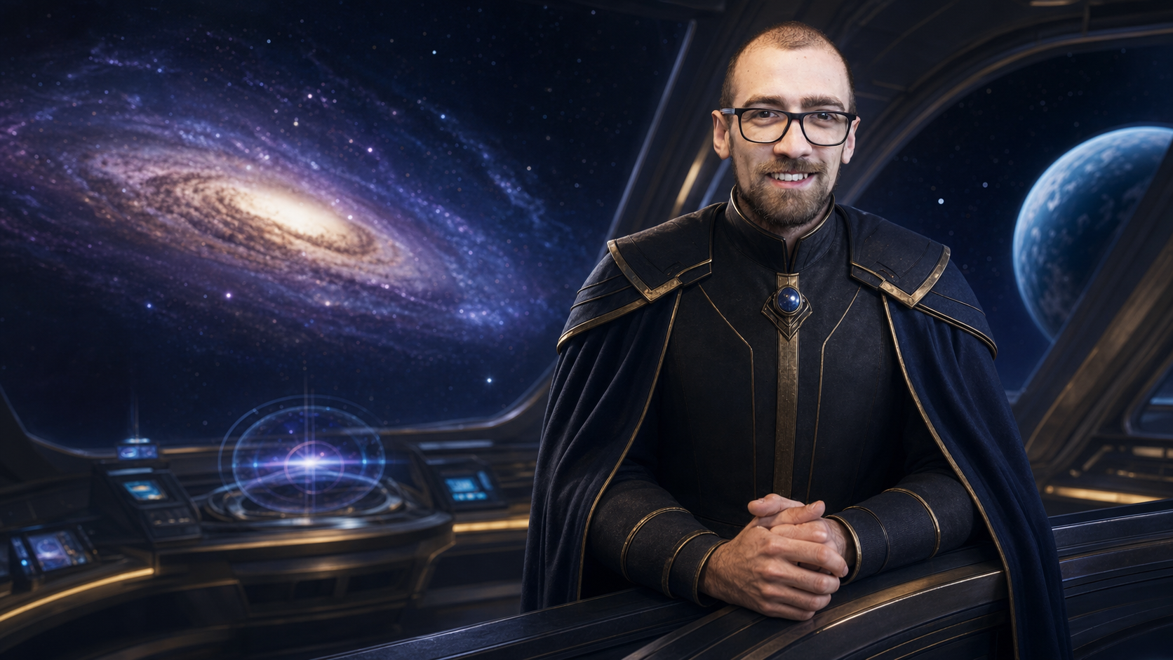 João Morais in a galactic command center, dressed as a benevolent space emperor